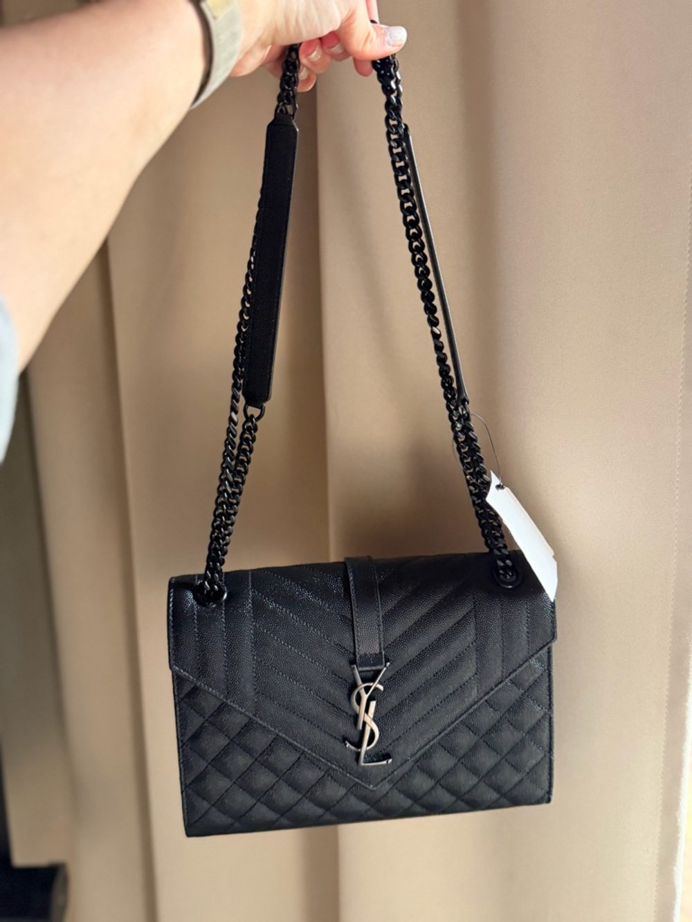 Black Quilted Shoulder Bag with Chain Strap and Logo Accent
